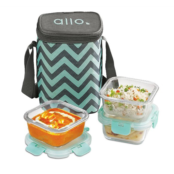 310Ml X 3 Allo Foodsafe Microwave Oven Safe Glass Lunch Box With Chevron Mint Tiffin Bag