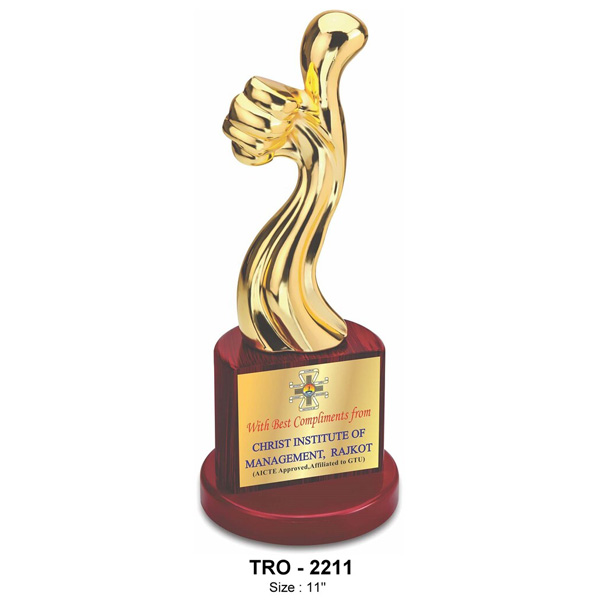 Premium Metal Thumbs Up Trophy, On A Wooden Base, Signifying Good Work! Tro-2211 (11 Inches)