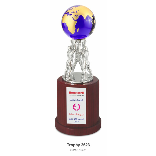Globe Team Work Trophy, With A Premium Blue Crystal, On A Wooden Base Tro-2623 (13.5 Inches)