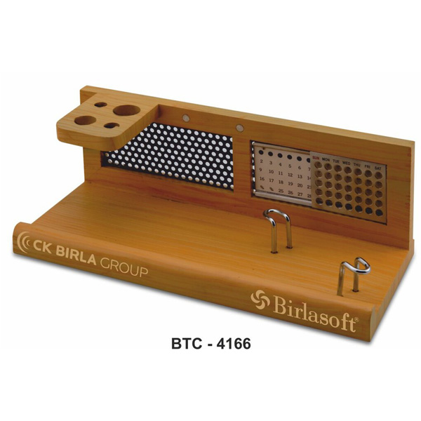 Wooden Desk Organizer With Perpetual Calendar, Mobile Stand, Visiting Card Holder & Pen Stand Btc - 4166