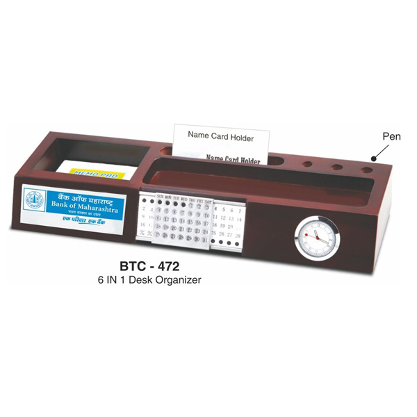 Wooden Desk Organizer With Perpetual Calendar, Clock, Visiting Card Holder & Pen Stand Btc - 472