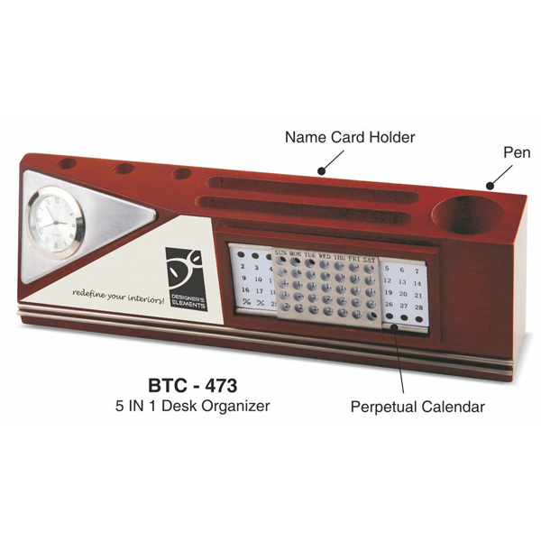 Wooden Desk Organizer With Perpetual Calendar, Clock, Visiting Card Holder, Memo Pad & Pen Stand Btc - 473