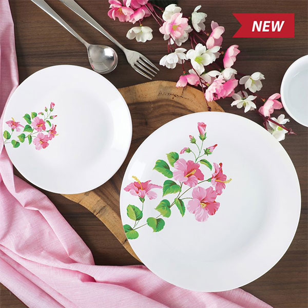 Pink Hibiscus Zarah Series Opalware Dinner Set, 27 Pieces, White, Service For 6