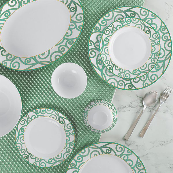 Green Swirl Ariana Series Opalware Dinner Set, 29 Pieces, White, Service For 6