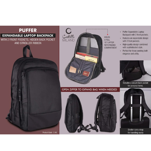 S45 – Puffer: Expandable Laptop Backpack With 2 Front Pockets, Hidden Back Pocket And Stroller Ribbon