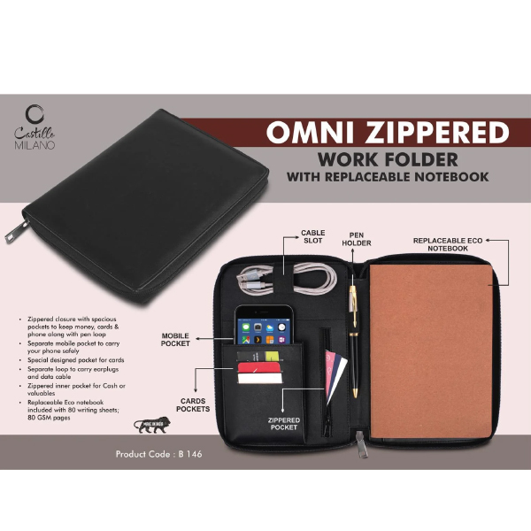 B146 – Omni Zippered Work Folder With Notebook | Pockets For Cards, Phone, Pen, Cables, Etc