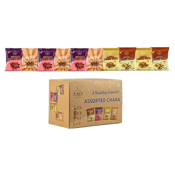 Assorted Chana (Pack Of 10 Pouches)
Includes:
‐ Peri Peri Roasted Chana 40G: 3
Pouches
‐ Gud Chana Desi Mix 40G: 3 Pouches
‐ Masala Roasted Chana 40G: 2
Pouches
‐ Plain Roasted Chana 40G: 2 Pouches