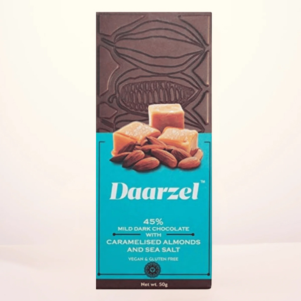 Daarzel 45% Mild Dark Chocolate With Caramelised Almonds With Sea Salt | Vegan & Gluten Free | 50 G