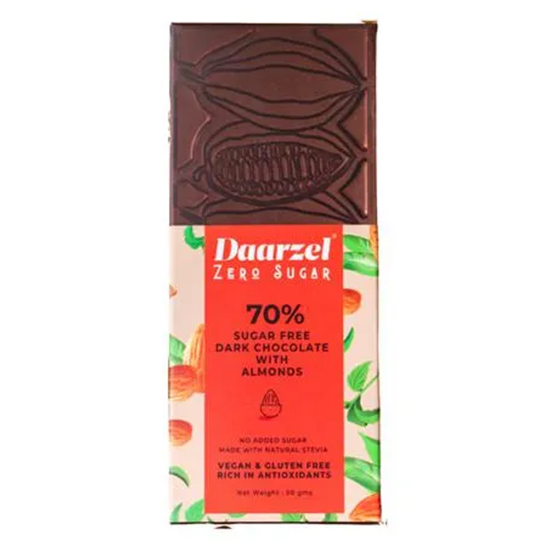 Daarzel Zero Sugar - Sugar Free Dark Chocolate With Almonds| No Added Sugar | Made With Stevia | Vegan & Gluten Free | Non Gmo | Low Carb