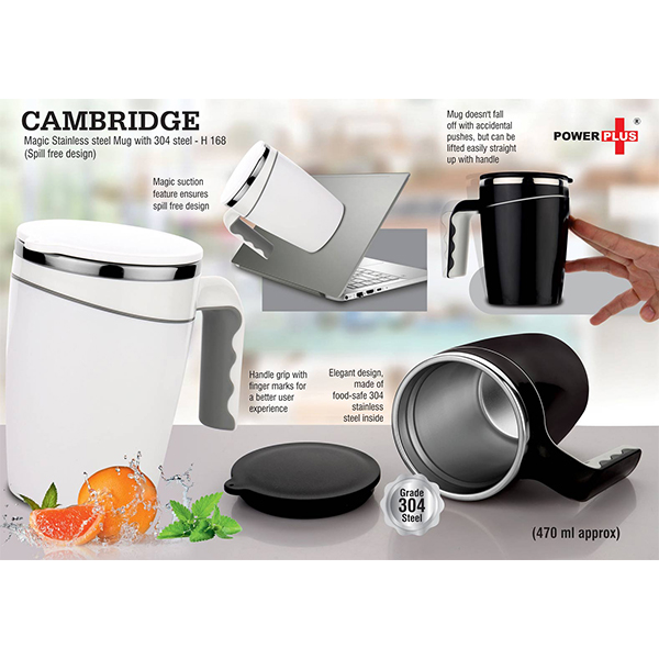 H168 – Cambridge Magic Stainless Steel Mug With 304 Steel | Spill Free Design (470 Ml Approx)